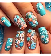 24Pcs Flower Press on Nails Medium Length Square Fake Nails Blue Nails with Colorful Flower Full ...