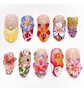 24Pcs Handmade Press on Nails Medium Almond Fake Nails 3D Colorful Spring Floral Butterfly with G...