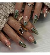 24Pcs French Tip Press on Nails Medium Almond Fake Nails with Gold Line Designs Reusable Star Acr...