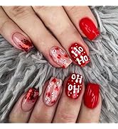 24 Pcs Christmas Press on Nails Short Square, Red Winter Xmas Nails Press on with Glossy Heart Gl...