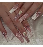 24 Pcs Square Press on Nails French Tip Long Fake Nails Heart-Shaped Rhinestone Charm Designs Glu...