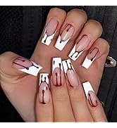Halloween Press on Nails Long Square Fake Nails White French Tip False Nails Full Cover Coffin Na...