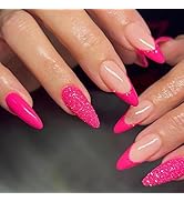 Hot Pink Press on Nails Medium Almond Fake Nails Pink Glitter False Nails French Tip Glossy Glue ...