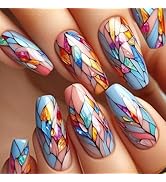 Medium Press on Nails Ballet Shaped Fake Nails Colorful Geometric Irregular Diamond Checkered Fal...