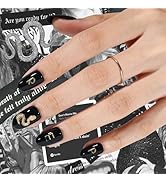Halloween Press On Nails Short Almond, SHOWMORE Black Snake Goth Fake Nails Medium Glossy Witchy ...