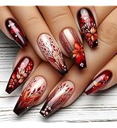 Medium Press on Nails Coffin Fake Nails with Maple Leaf Designs Dark Red Brown Nails Fall Acrylic...