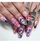 Halloween Press on Nails Medium Coffin Fake Nails Blood False Nails with Design Cute Ghost Glue o...