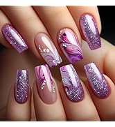 24Pcs Purple Press on Nails Medium Square Nails Glitter Fake Nails with Rhinestones Full Cover Gr...