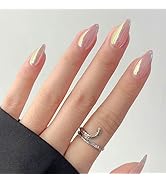 Almond Press on Nails Medium Pink Fake Nails Glossy Chrome False Nails with Designs Solid Color G...