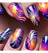 Short Coffin Press on Nails Colorful Fake Nails Firework Acrylic Nails Glossy Full Cover Nails Pr...