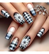 24Pcs Square Press on Nails Medium Length Fake Nails Glossy Acrylic Nails Flower Glue on Nails Sp...