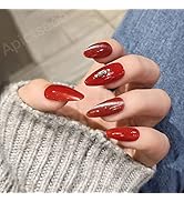 Apictseoo 24 Pcs Press on Nails False Nails Red Rhinestones French Designs Coffin Fake Nails with...