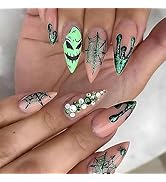 Halloween Press on Nails Medium Almond Fake Nails with Ghost Spider Web Rhinestones Designs Full ...