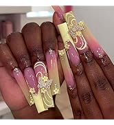 24 Pcs Press on Nails Long Coffin Square - SHANRUN Ombre Yellow French Fake Nails Flower Butterfl...