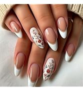 French Tip Press on Nails Flower Fake Nails Medium Almond Acrylic Nails Glossy Full Cover False N...