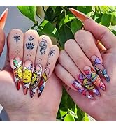 24Pcs Long Press on Nails Pointed Stiletto Fake Nails Colorful Sun Moon God Cloud Design Full Cov...