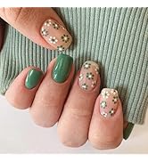 Spring Nails 24 Pcs Green Press on Nails Flower Designs RIICFDD Short Square Fake Nails with Cute...
