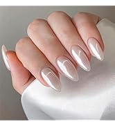 Almond Press on Nails Medium Pearl White Chrome Fake Nails Glossy False Nails Full Cover Nails St...