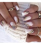 24PCS Press on Nails Medium Square False Nails Brown Acrylic Nails Medium Stick on Nails Glossy C...