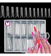 GoLashFun 240PCS XXL Coffin Nail Tips C Curve,Clear Extra Long Coffin Half Cover Straight Square ...