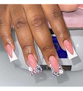 Pink Drill French Press on Nails, Acrylic Coffin Long Length Fake Nails Press ons Artificial Full...