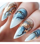 Marble Press on Nails 24Pcs Glossy Gold Glitter False Nails Blue Gradient Acrylic Medium Almond F...