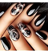 Black Press on Nails Short Coffin Fake Nails with Rose Designs, Reusable Full Cover Nails Press o...