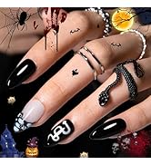Halloween Press On Nails Almond, SHOWMORE Luxury Snakeskin Rhinestone Goth Fake Nails Medium Blac...