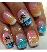 Summer Press on Nails Short Square Fake Nails Full Cover Hawaii Style designs Stick on Nails Glit...