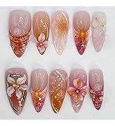 24Pcs Handmade Press on Nails Medium Almond Fake Nails with Flower Petal Charms Design French Tip...