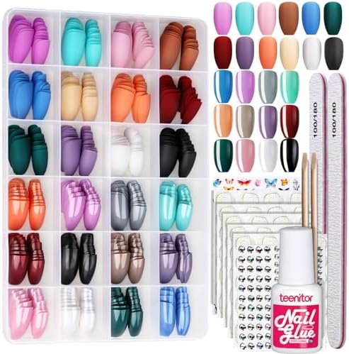 Teenitor 24 Pack 576 PCS Press On Nails Medium Length Coffin Glue On Nails, Coffin Shape Press On Nails Set, 12 Colors Coffin Matte Press On Nails, 12 Colors Glossy Press On Coffin Nail