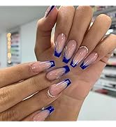 French Tip Press on Nails Square Fake Nails Full Cover Nude Blue False Nails Acrylic Nails Nature...