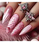 24Pcs Pink Mermaid Press on Nails Almond Fake Nails with Fish Scales Design Cute Summer Nails Pre...
