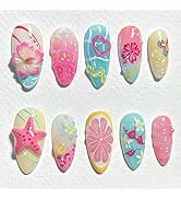 LPOODDNU Almond Press on Nails 3D Summer Beach Fake Nails with Flower Pearl Heart Butterfly Starf...