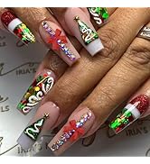 Christmas Press on Nails Medium Coffin Fake Nails with Designs Glitter Christmas Tree and 3D Bow ...