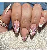 LPOODDNU Flower Press on Nails Medium, Almond Shape Fake Nails White French Tip Glossy Pink False...