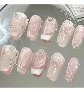 24Pcs French Tip Press on Nails Medium Square Nails Star Fake Nails with Diamond Designs Spring B...