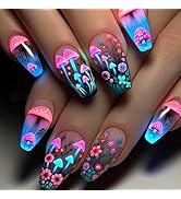 Mushroom Press on Nails Medium Coffin Fake Nails Colorful Mushroom Flower Design Ballet Shaped Fa...