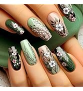 Tyuimhx Flowers Press on Nails Medium Coffin Fake Nails With Green Leaves Designs Spring Summer F...
