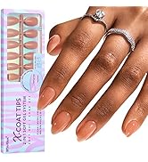 Almond Nail Tips Short - BTArtbox Soft Gel Press on Nails Short 2 in 1 X-Coat Tips with Tip Prime...