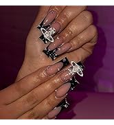 24Pcs Press on Nails Long,Coffin Fake Nails Black French Tip Full Cover False Nails with The Plan...