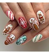 24Pcs Christmas Press on Nails Short Almond Fake Nails Brown False Nails with Snowflake Gingerbre...