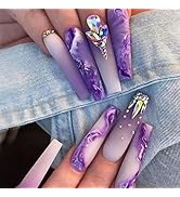 24 Pcs Press on Nails Long, Violet Fake Purple Full Cover False Nails with Rhinestone Designs Ext...