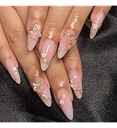 24Pcs Spring Press on Nails Medium Almond Fake Nails 3D Pink Flower Resin Rhinestone Charms with ...