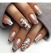 24Pcs Medium Press on Nails French Flower Fake Nails Glossy Acrylic Nails Square Shape Glue on Na...