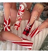 Christmas Press on Nails Long Coffin Fake Nails French Tip False Nails with Design White Red Glit...