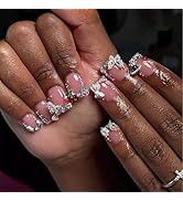 LPOODDNU 3D Press on Nails with Charms Short Square Fake Nails Glossy Pink Rhinestones Bows Cryst...