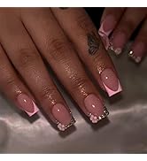 Pink Floral French Press on Nails, Acrylic Short Length Fake Nails Press ons Artificial Full Cove...