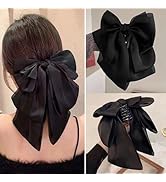 Black Bow Hair Claw Clips, French Gentle Temperament Satin Oversized Bow Hair Scrunchies Bow Flut...