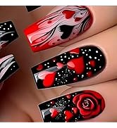 Valentine Press on Nails Medium Length Glue on Nails Red Heart Rose Fake Nails Full Cover Cute Fa...